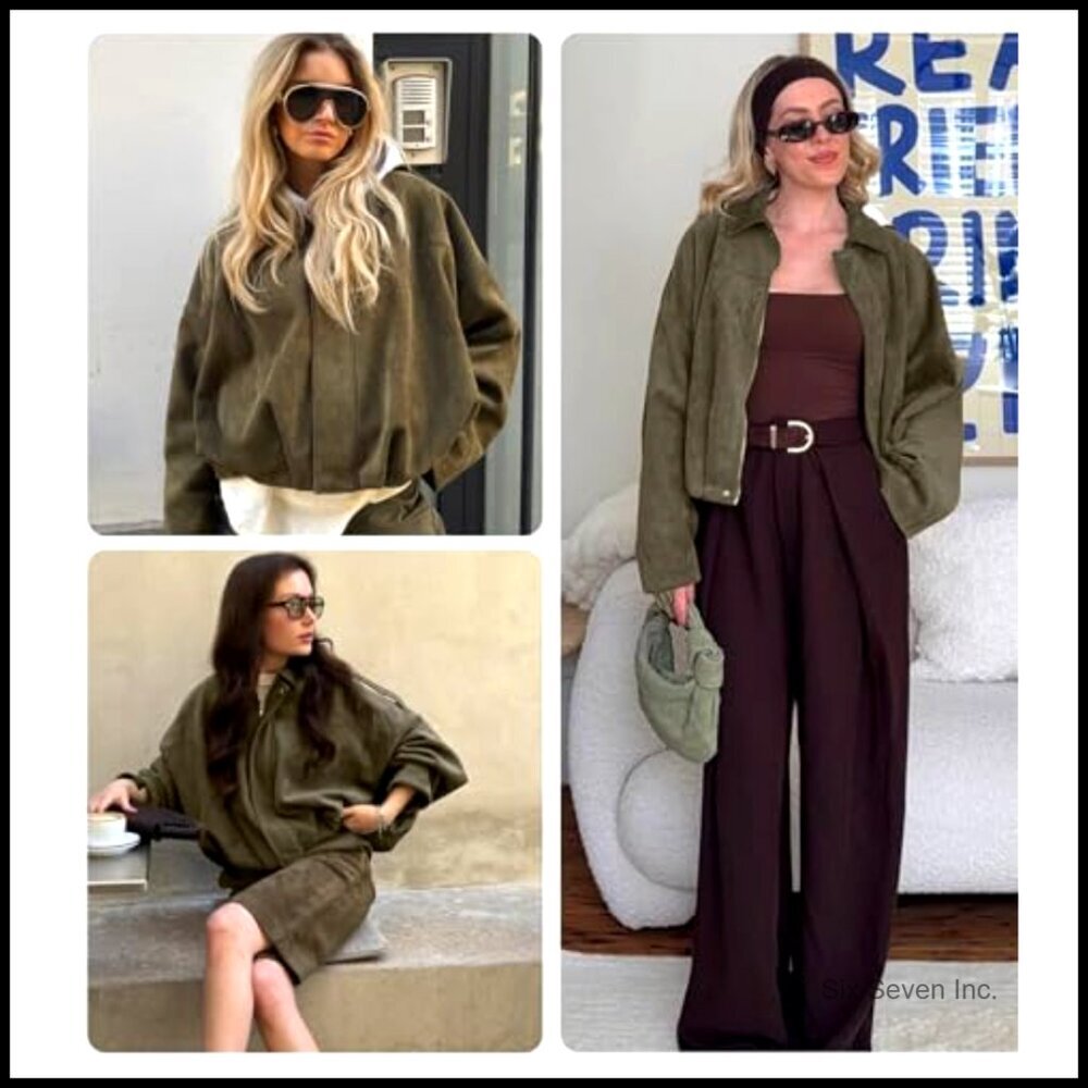 Oversized Faux Suede Bomber Jacket Cropped Lapel Streetwear Pilot Coat - Picture 5 of 7